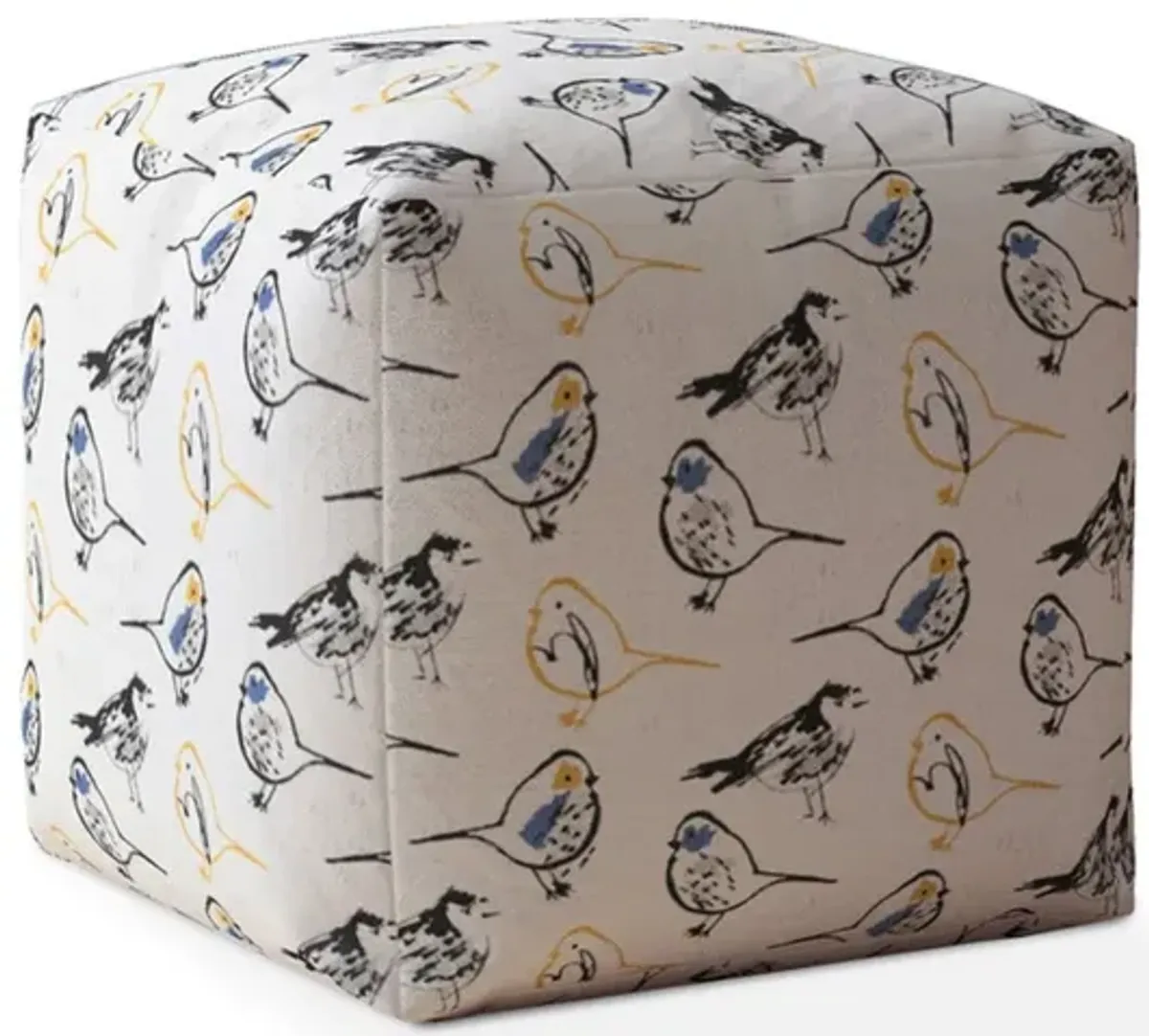 Canvas Birds Pouf Ottoman - Yellow / White