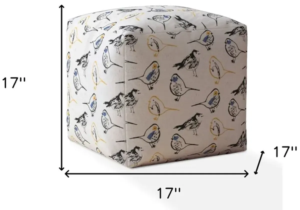 Canvas Birds Pouf Ottoman - Yellow / White