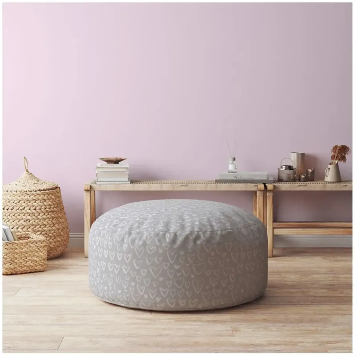 Cotton Round Floral Pouf Ottoman - Gray