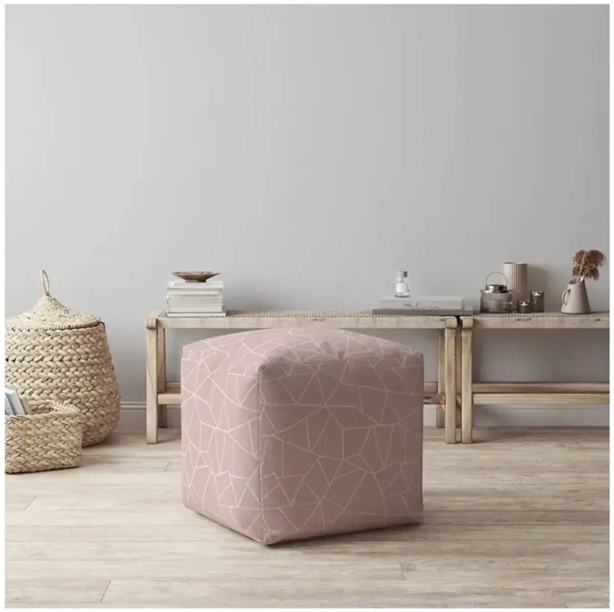 Canvas Geometric Pouf Ottoman - Pink