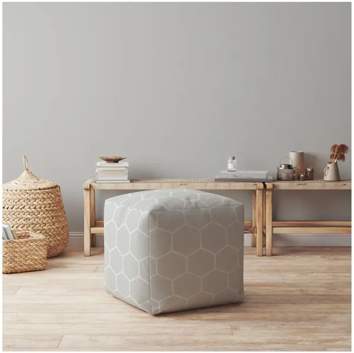 Cotton Geometric Pouf Ottoman - Gray