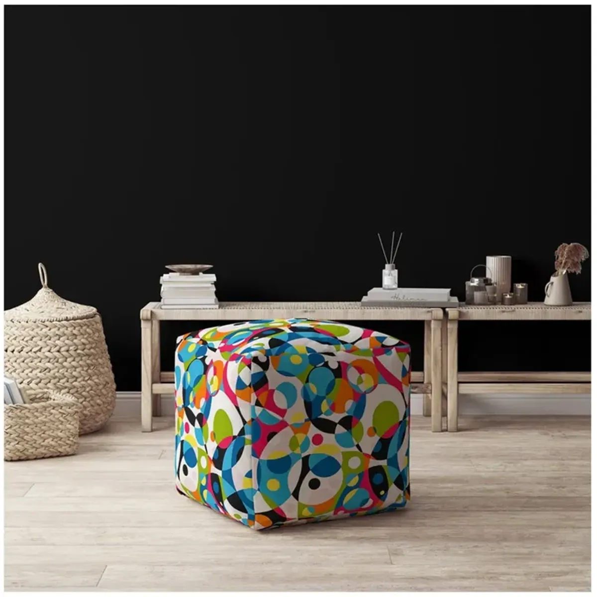 Cotton Patchwork Pouf Ottoman - Green / White