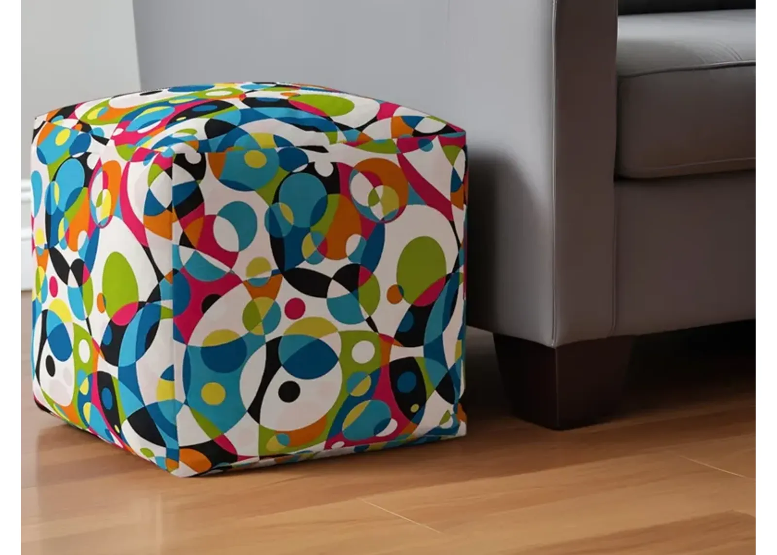 Cotton Patchwork Pouf Ottoman - Green / White