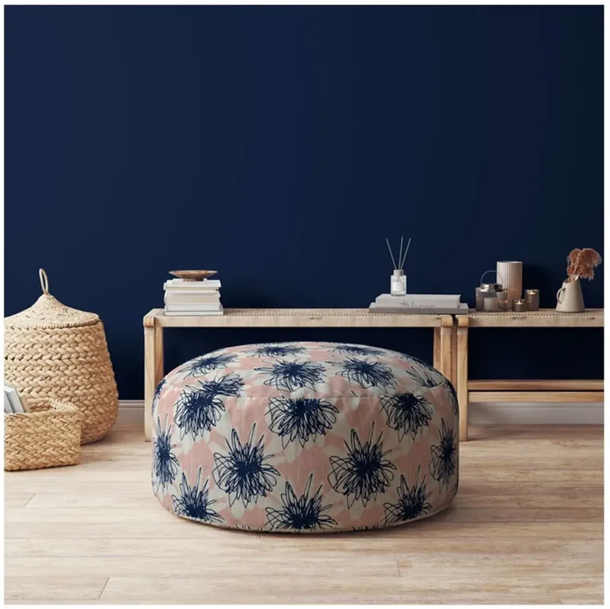 Canvas Round Floral Pouf Ottoman - Pink / Blue