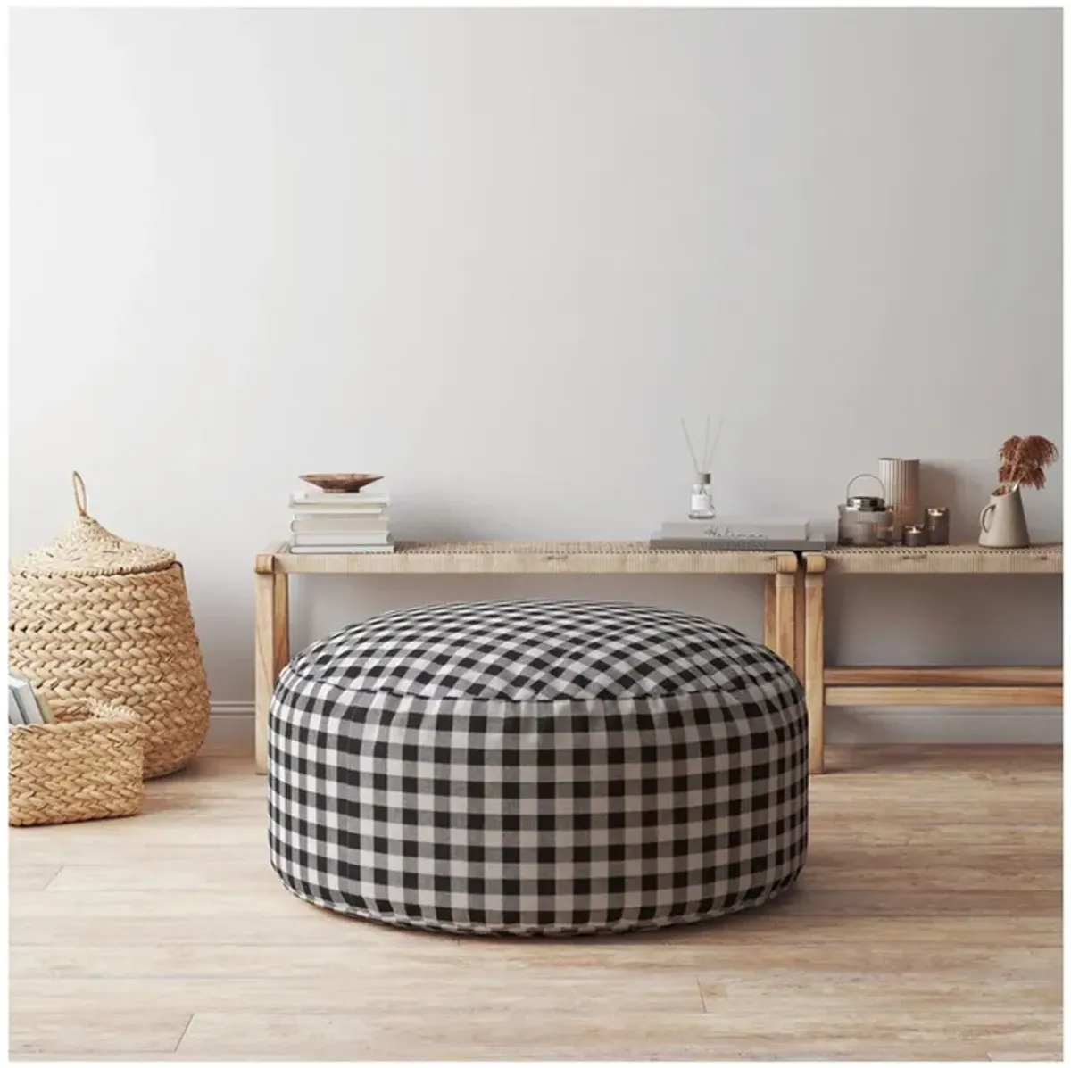 Cotton Round Gingham Pouf Ottoman - Gray / Black