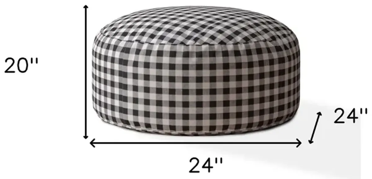 Cotton Round Gingham Pouf Ottoman - Gray / Black