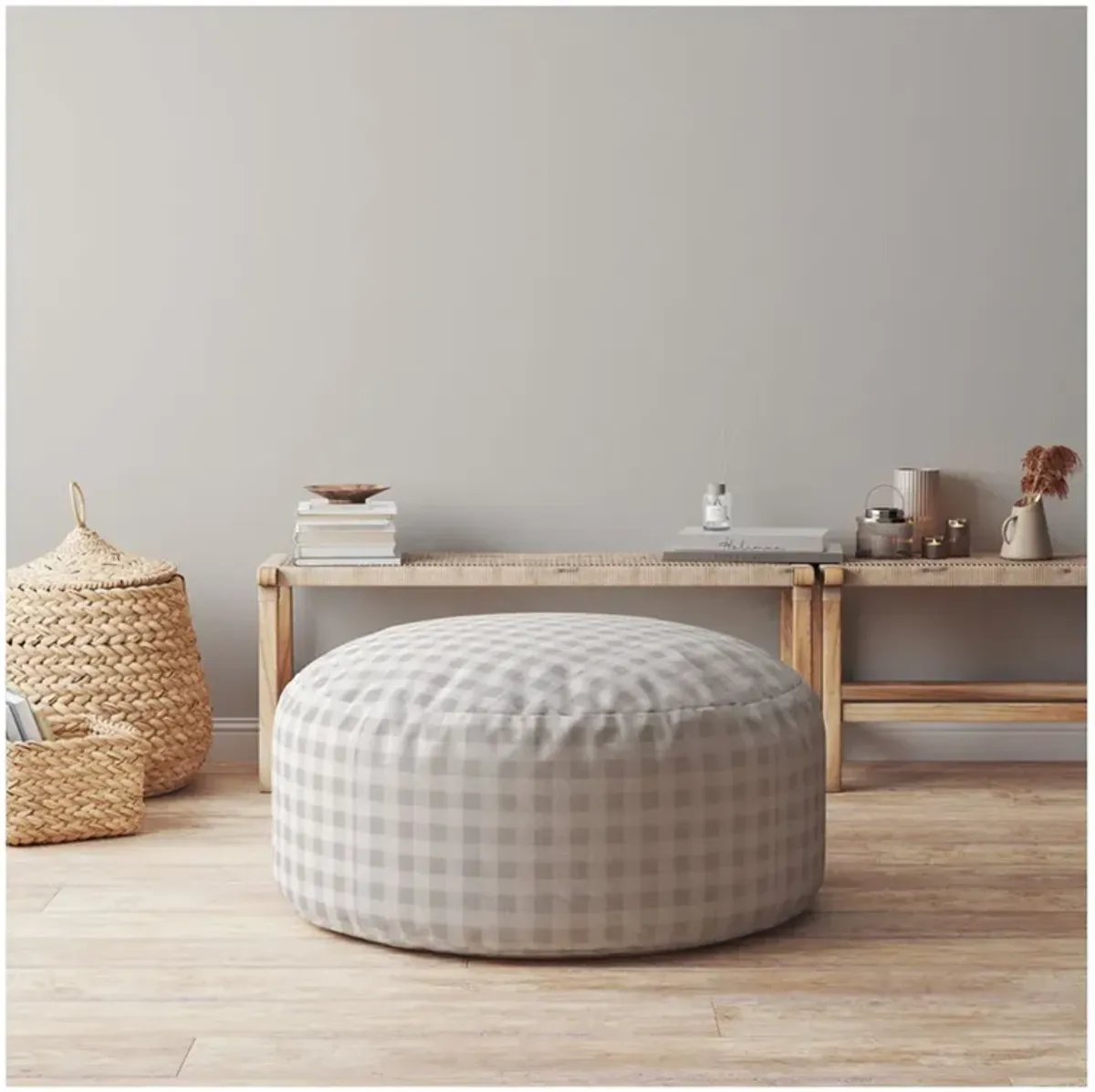 Cotton Round Gingham Pouf Ottoman - Gray