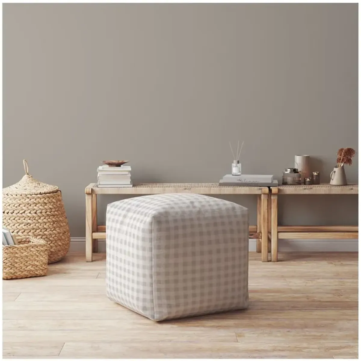 Cotton Gingham Pouf Ottoman - Gray