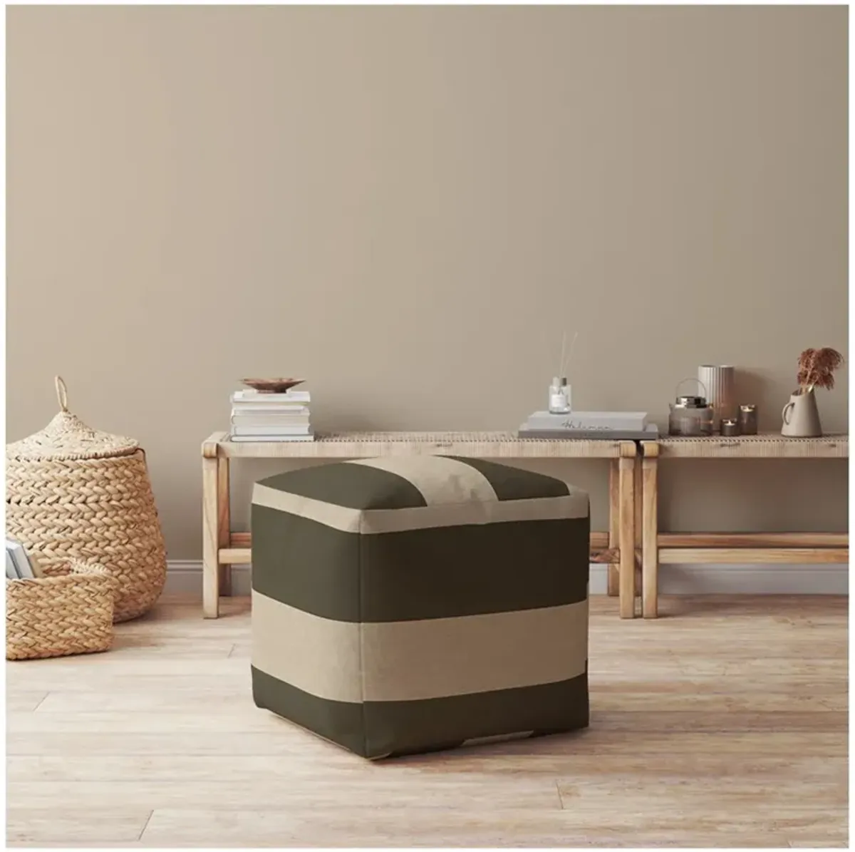 Cotton Striped Pouf Ottoman - Green