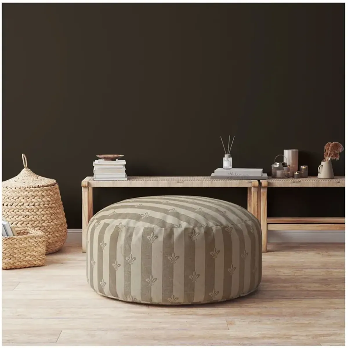 Cotton Round Floral Pouf Ottoman - Taupe