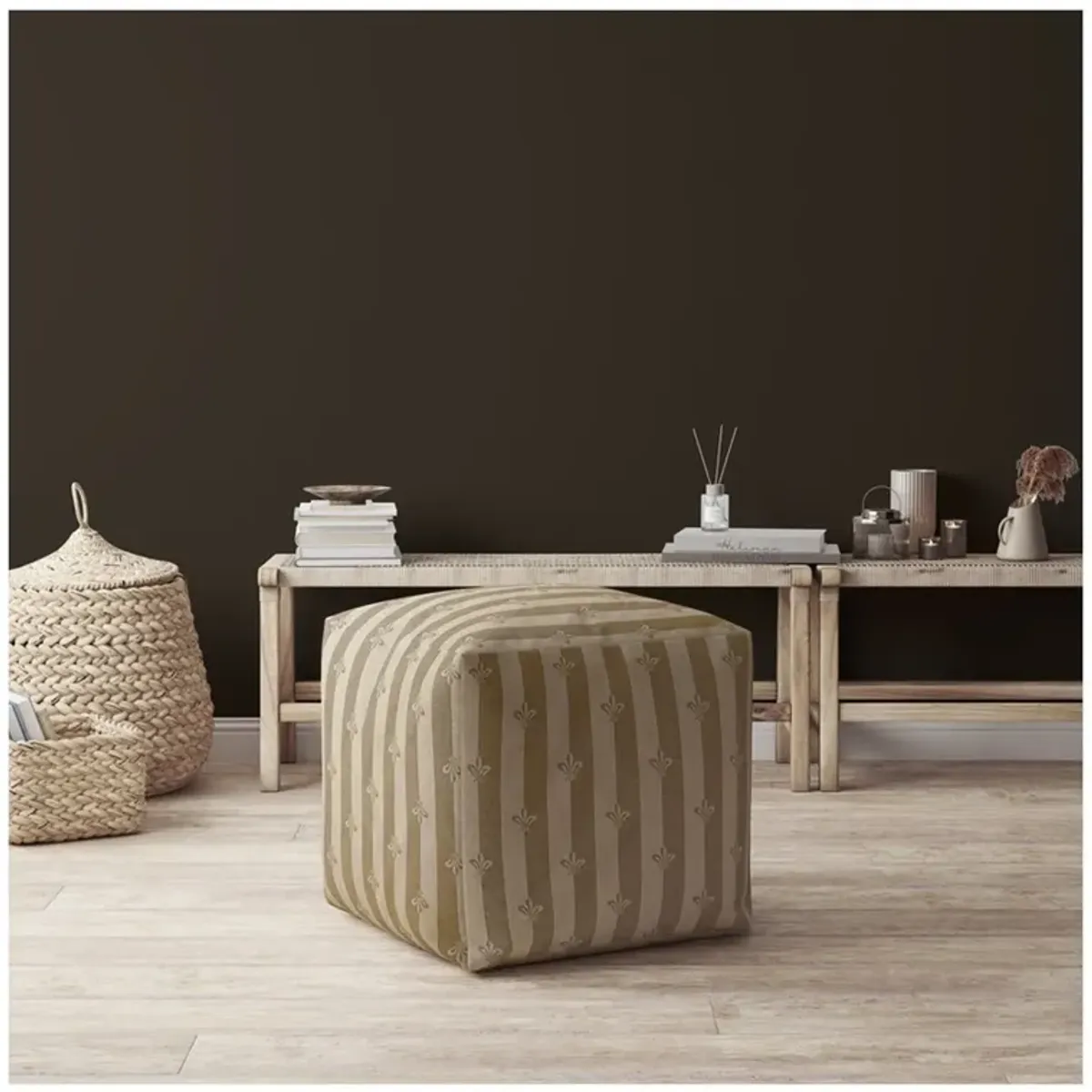 Cotton Floral Pouf Ottoman - Taupe