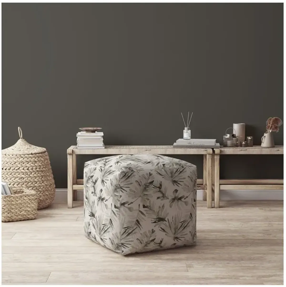 Cotton, Floral Pouf Ottoman - Beige