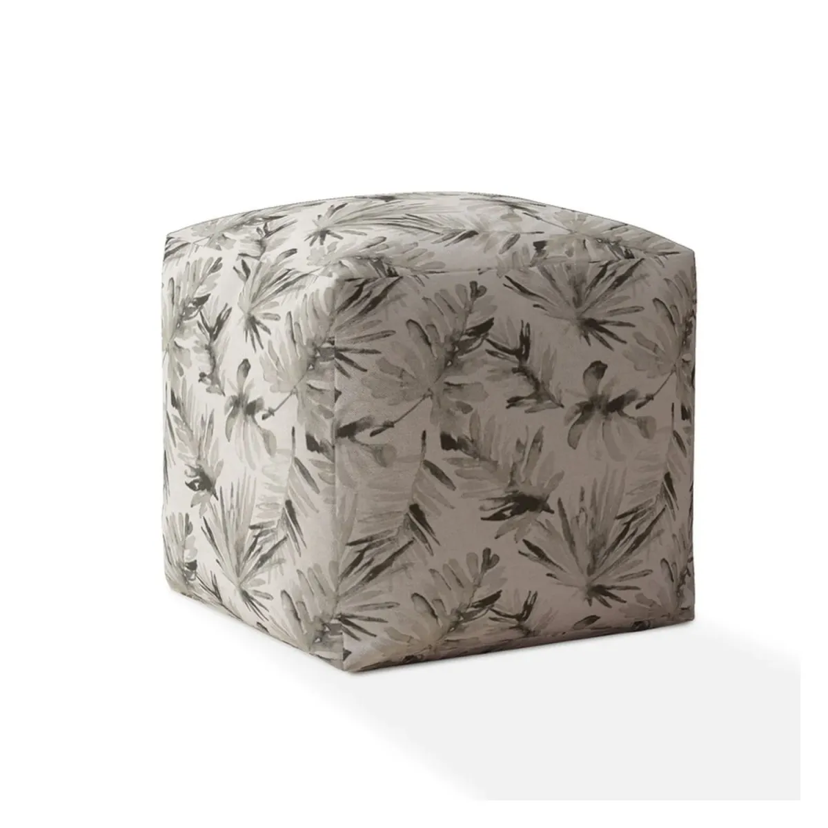 Cotton, Floral Pouf Ottoman - Beige