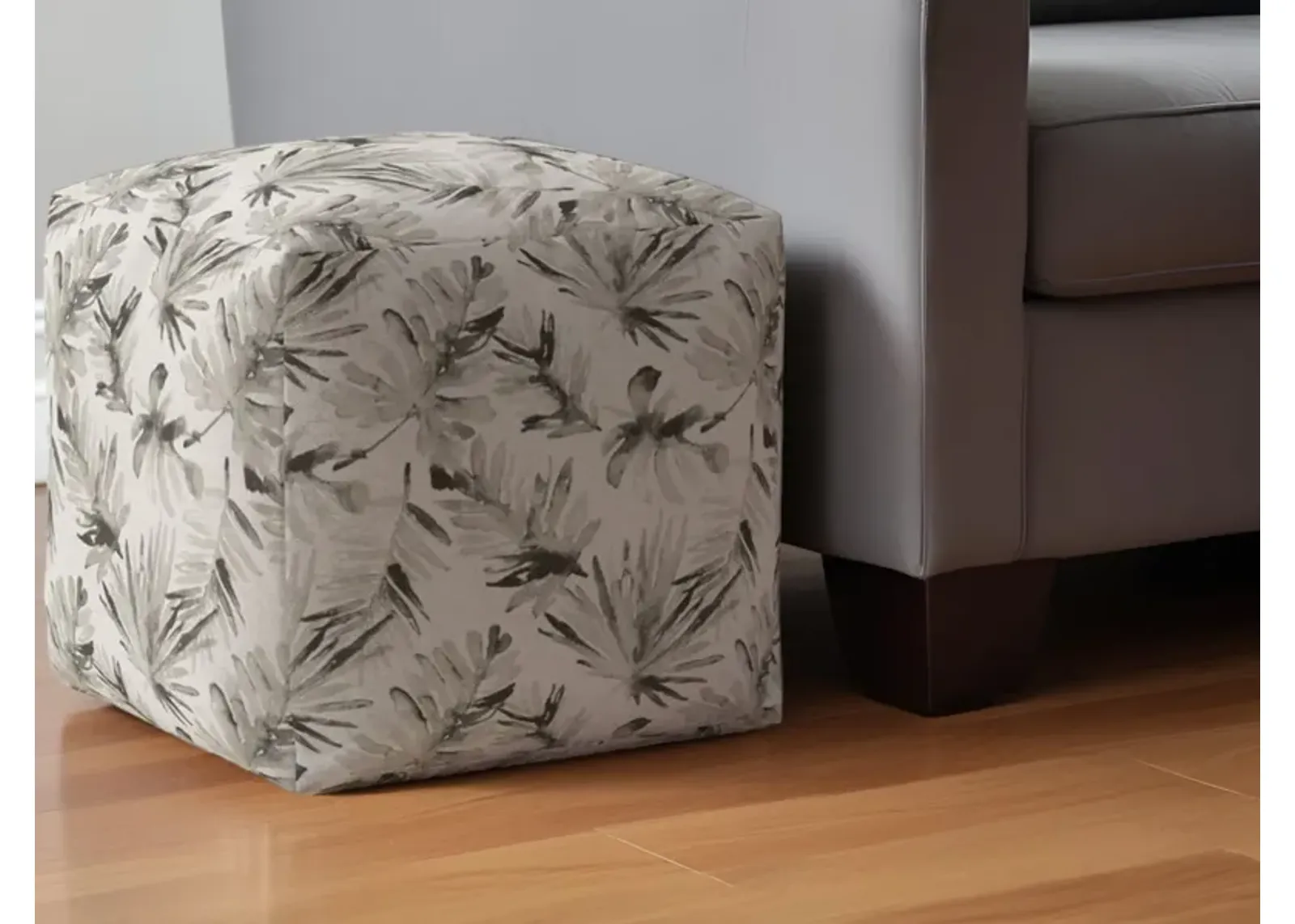 Cotton, Floral Pouf Ottoman - Beige