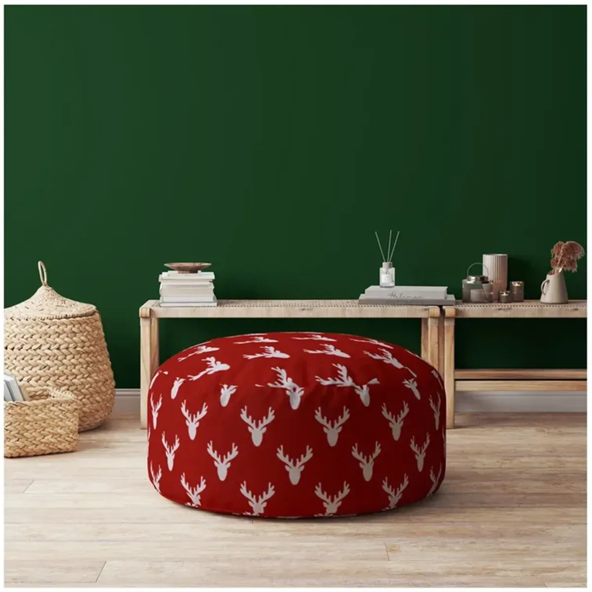 Cotton Round, Stag Pouf Ottoman - Red / White