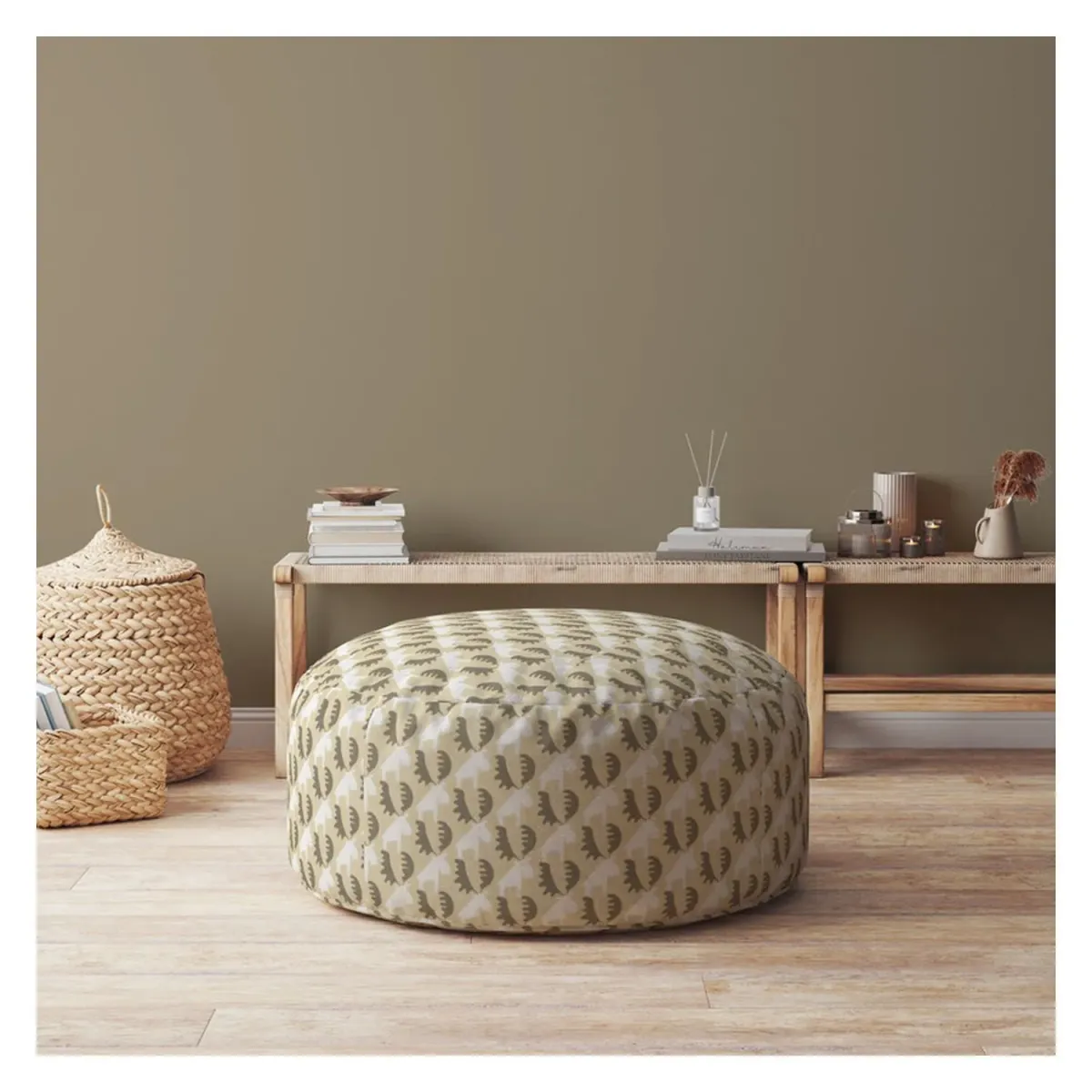 Cotton Round Animal Print Pouf Ottoman - Beige