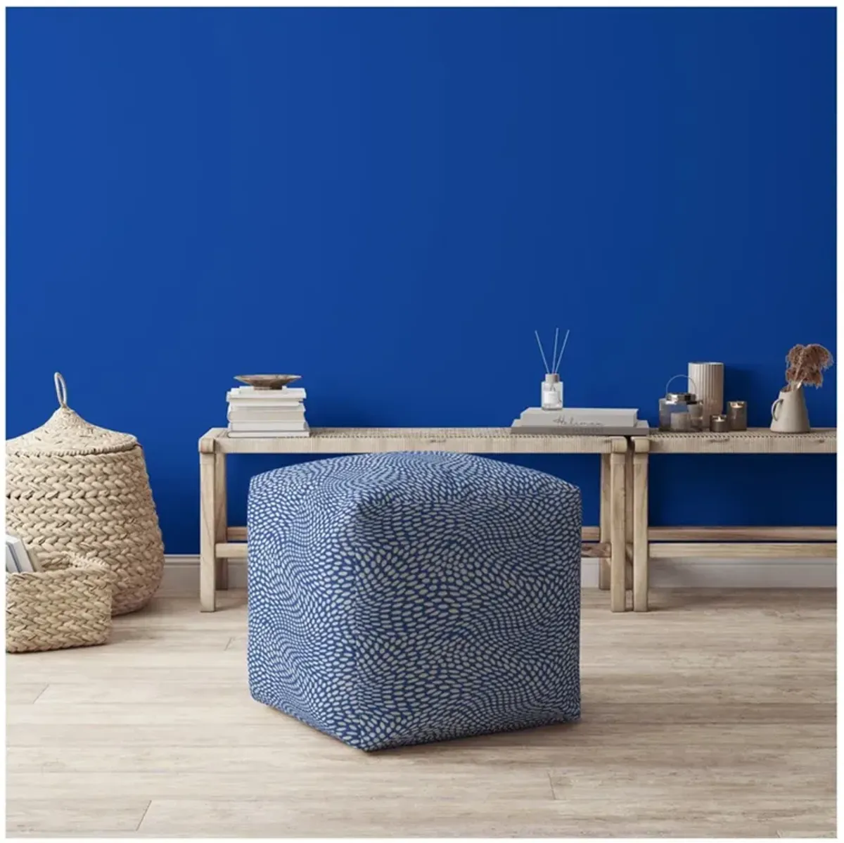 Canvas Polka Dots Pouf Ottoman - Blue / White