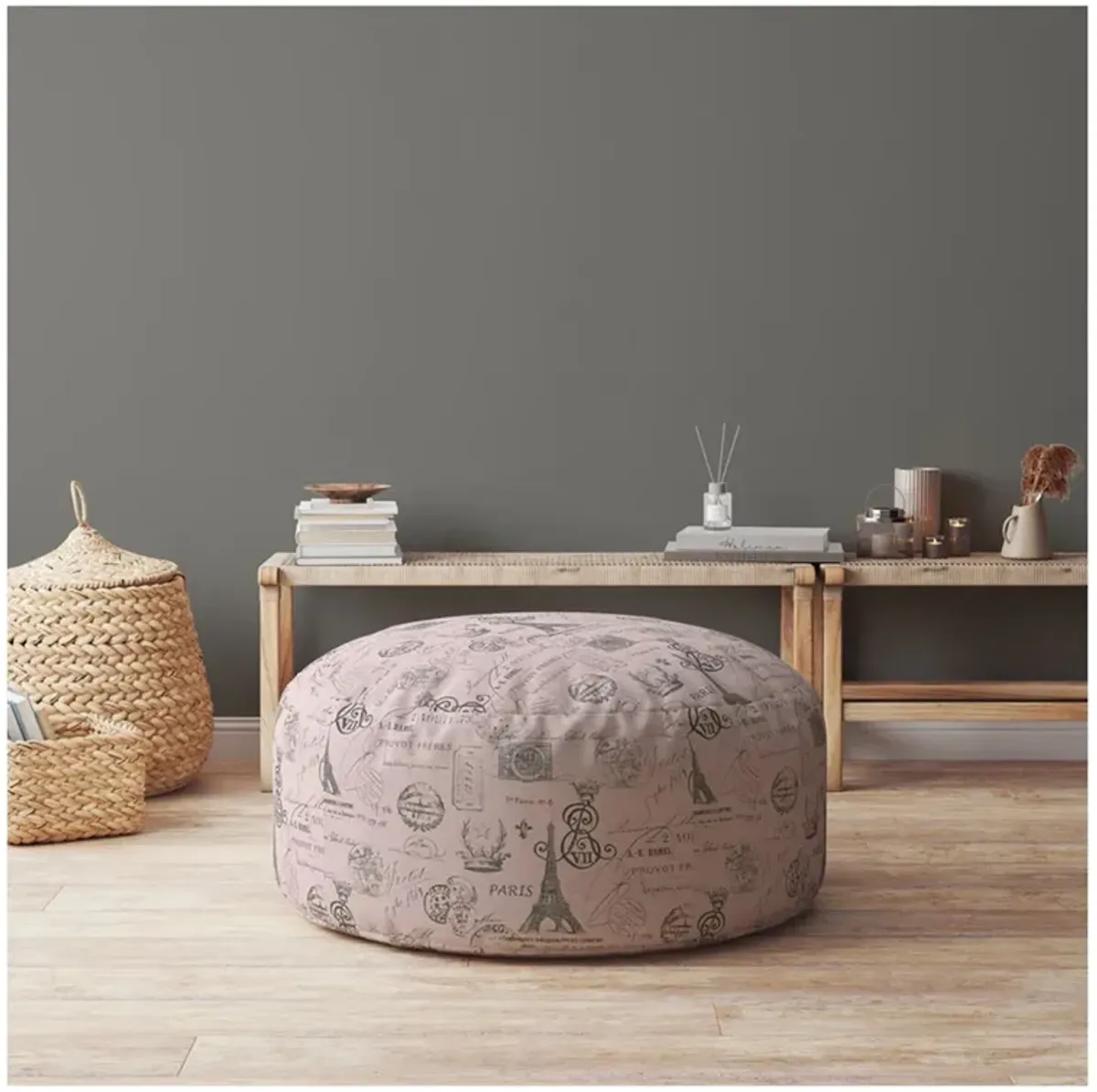 Twill Round Paris Pouf Ottoman - Gray