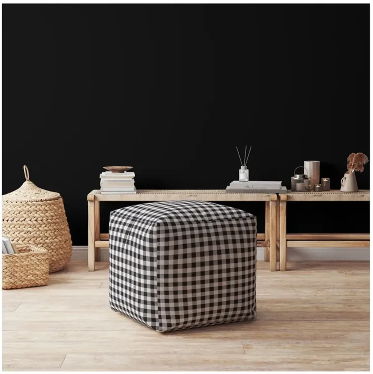 Cotton Gingham Pouf Ottoman - Gray / Black