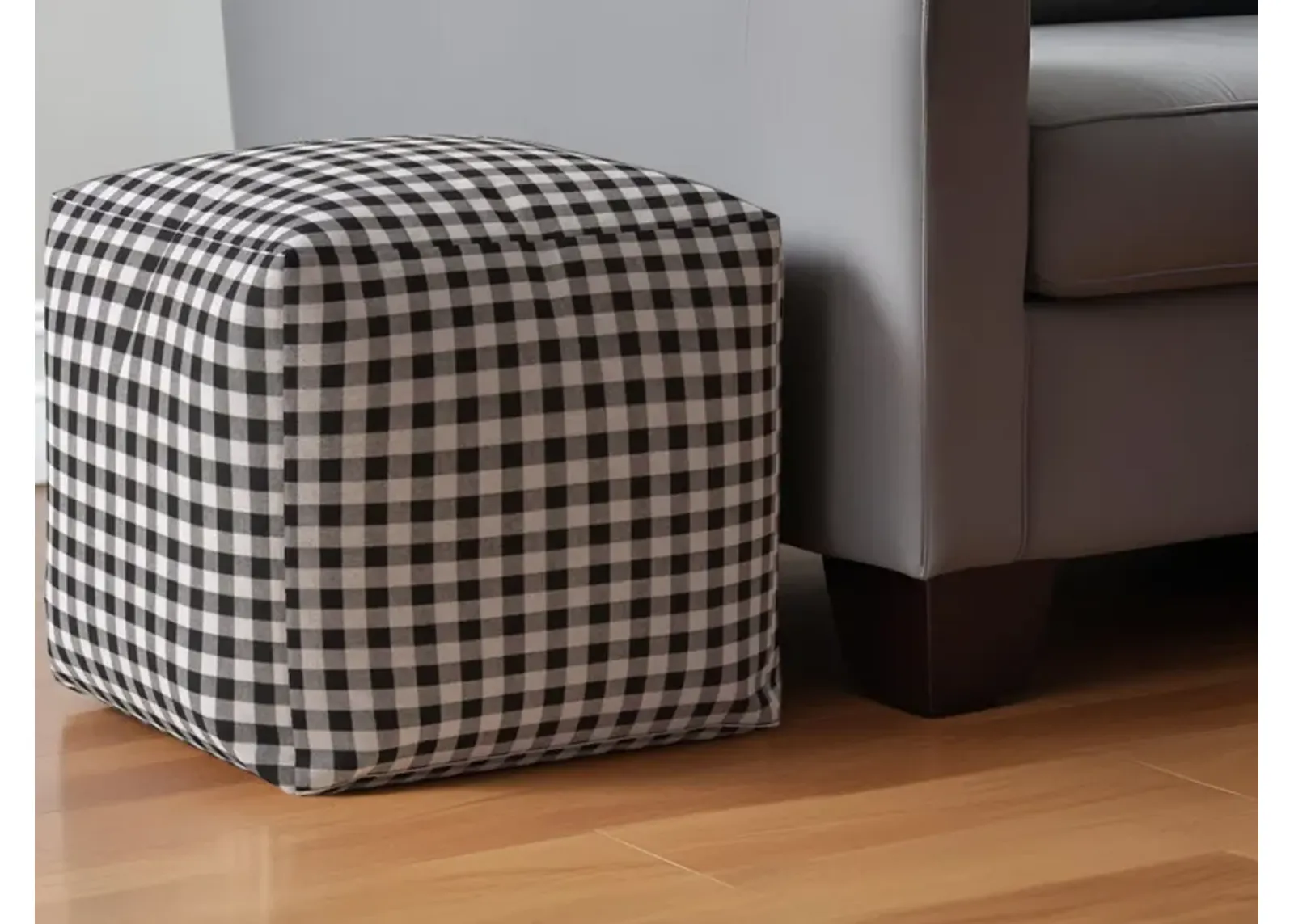 Cotton Gingham Pouf Ottoman - Gray / Black