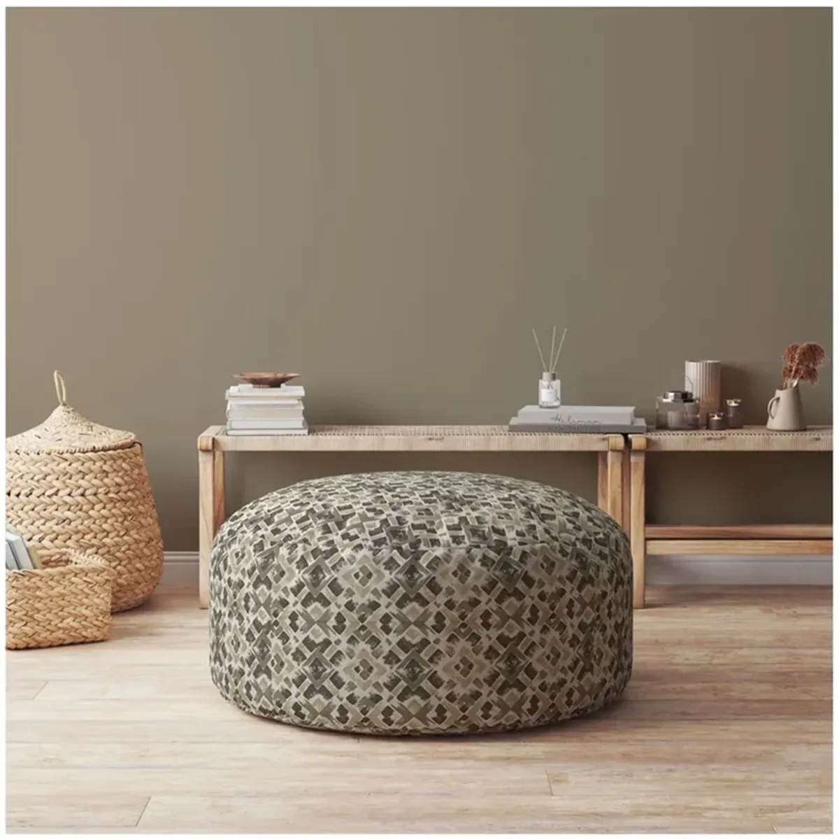 Cotton Round Geometric Pouf Ottoman - Beige