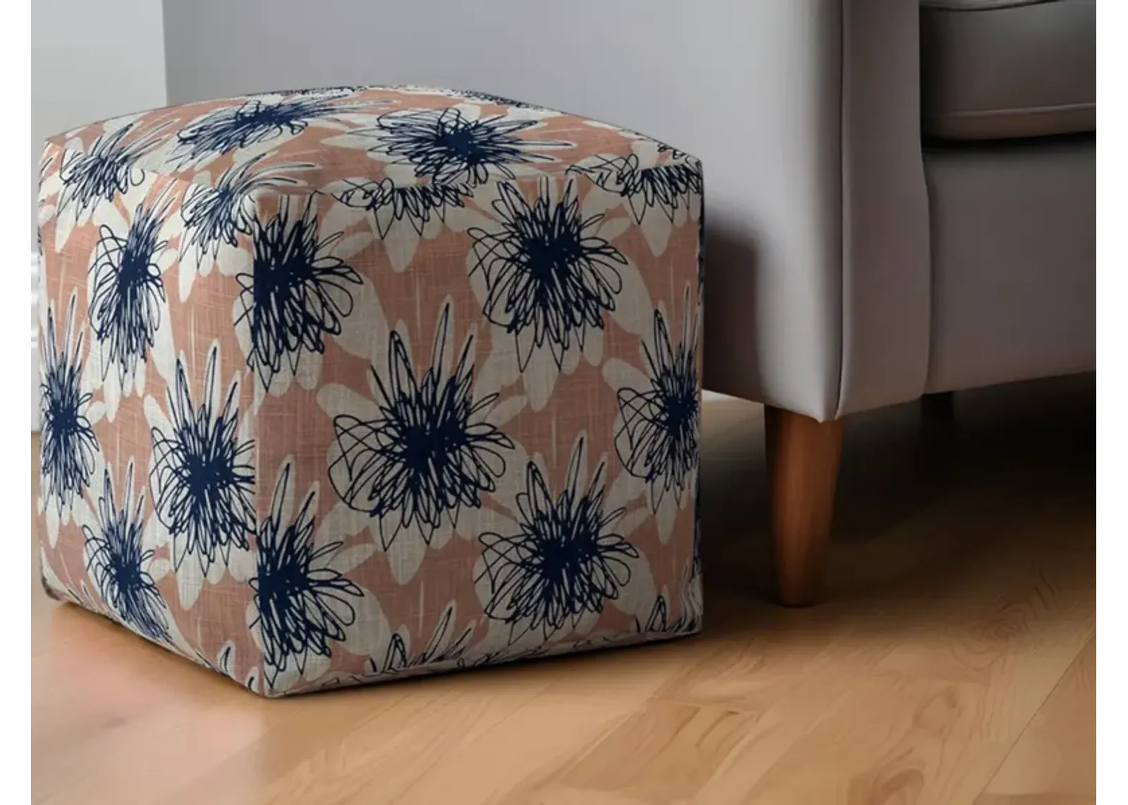 Canvas Floral Pouf Ottoman - Pink / Blue