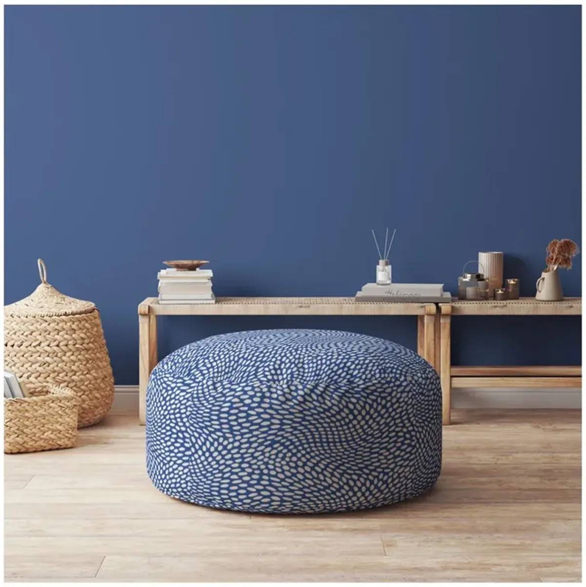 Canvas Round Polka Dots Pouf Ottoman - Blue / White