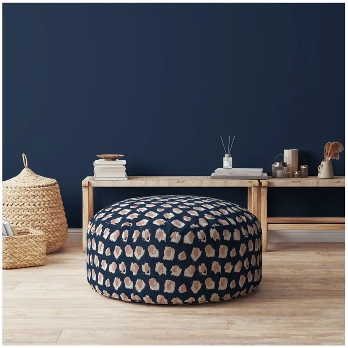 Canvas, Round Abstract Pouf Ottoman - Blue