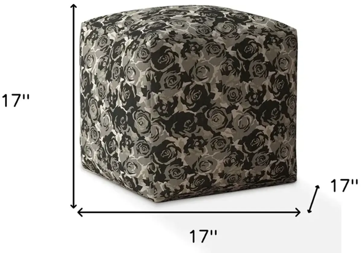 Canvas Floral Pouf Ottoman - Beige