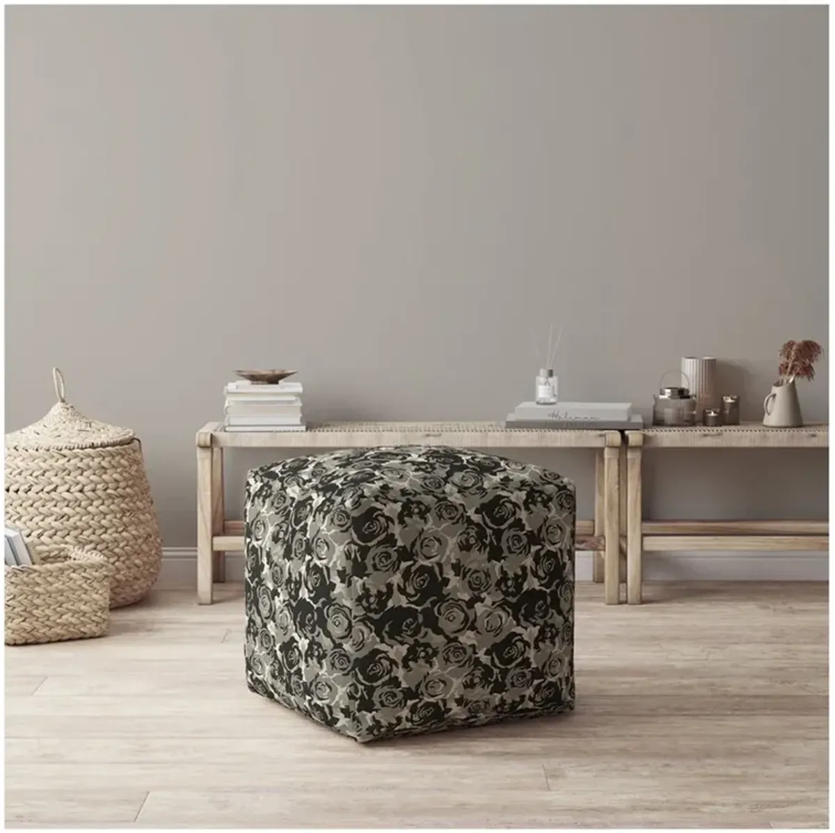 Canvas Floral Pouf Ottoman - Beige