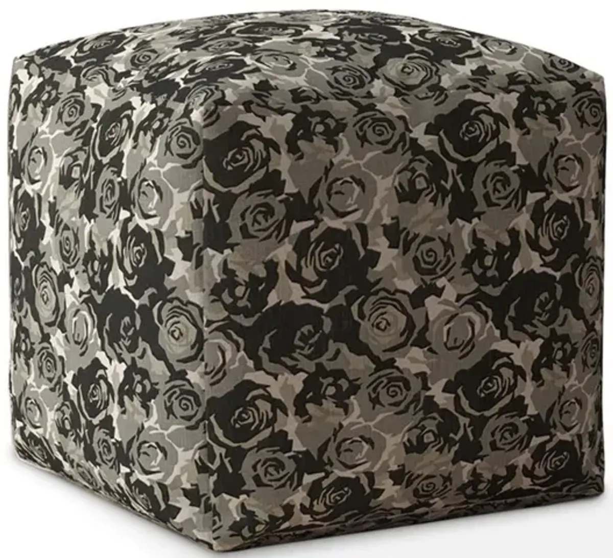 Canvas Floral Pouf Ottoman - Beige