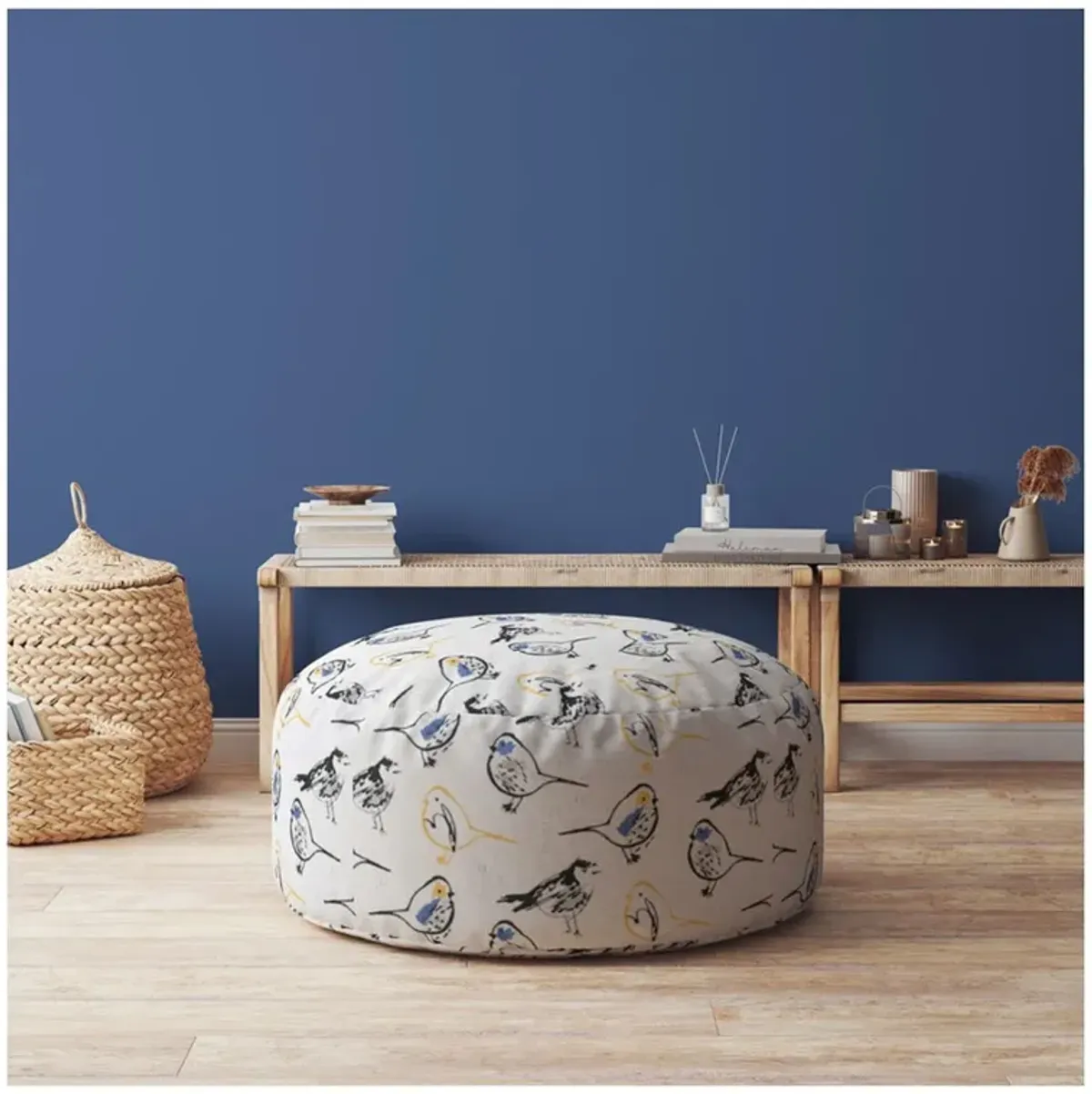 Canvas Round Birds Pouf Ottoman - Yellow / White