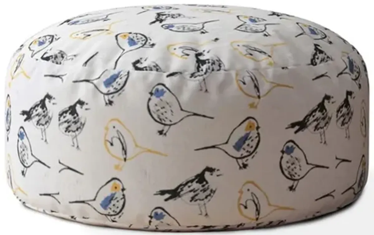 Canvas Round Birds Pouf Ottoman - Yellow / White