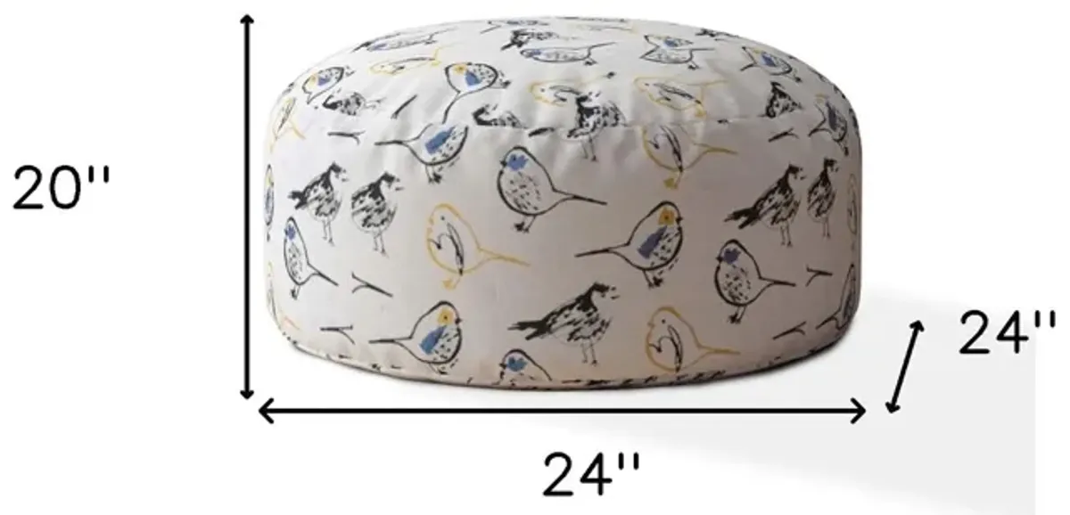 Canvas Round Birds Pouf Ottoman - Yellow / White