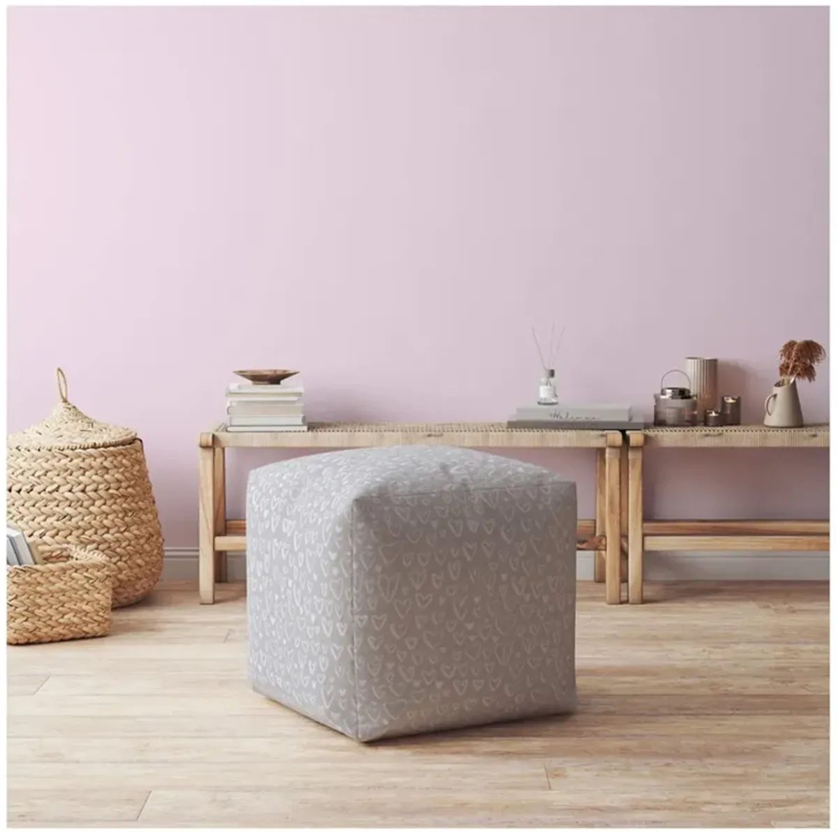 Cotton Floral Pouf Ottoman - Gray