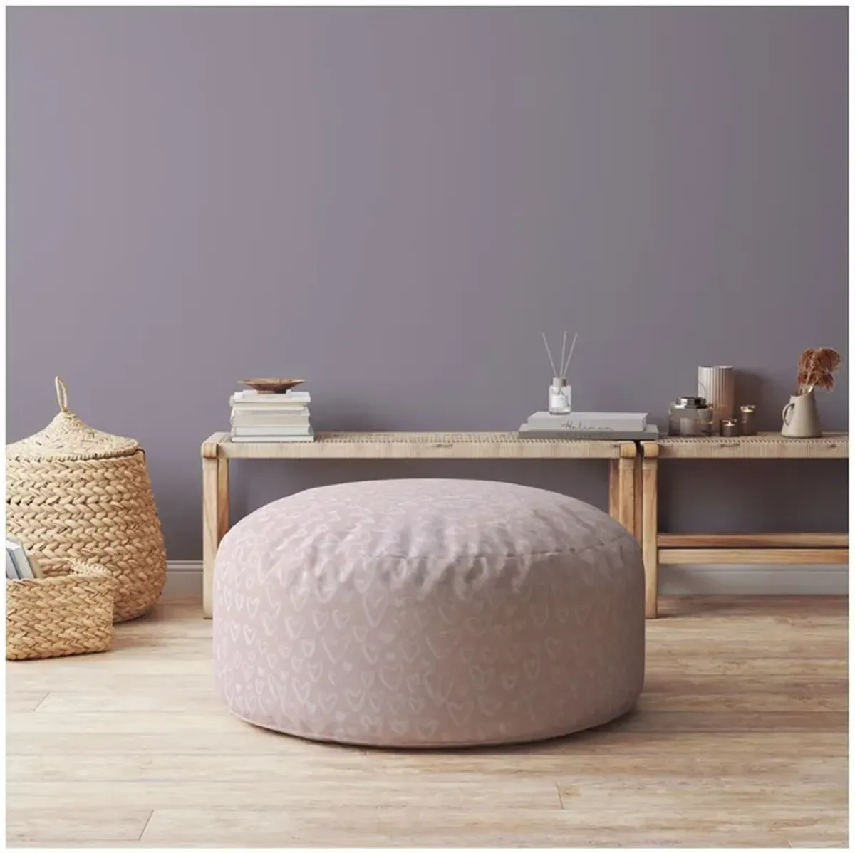 Cotton Round Floral Pouf Ottoman - Pink