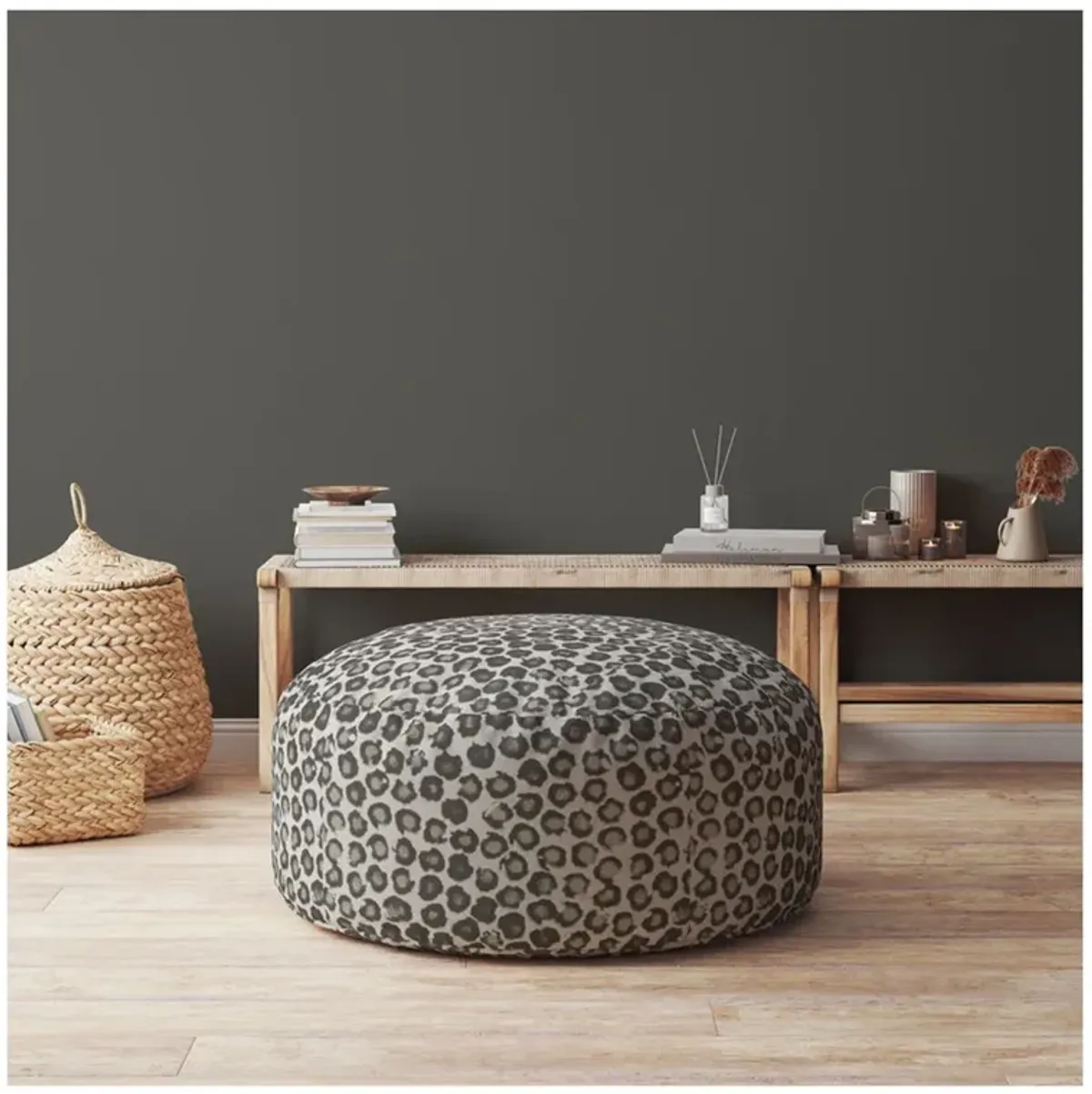 Cotton Round, Floral Pouf Ottoman - Beige