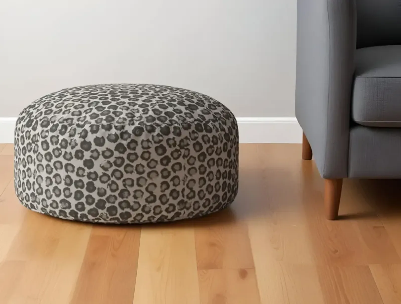 Cotton Round, Floral Pouf Ottoman - Beige