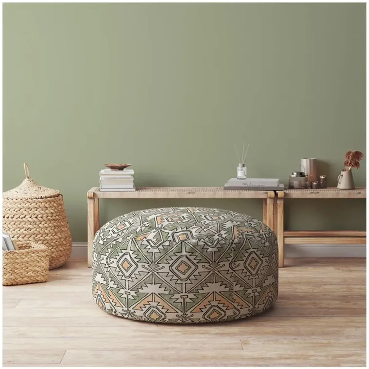 Cotton Round Damask Pouf Ottoman - Orange