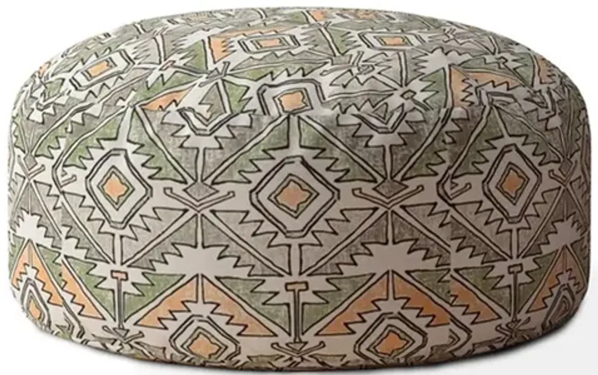 Cotton Round Damask Pouf Ottoman - Orange