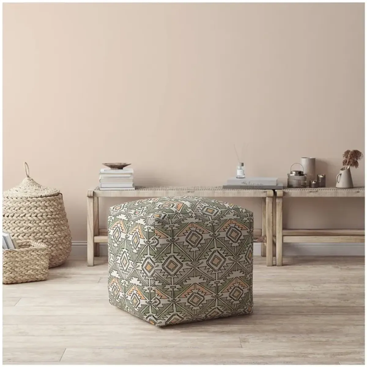 Cotton Damask Pouf Ottoman - Orange