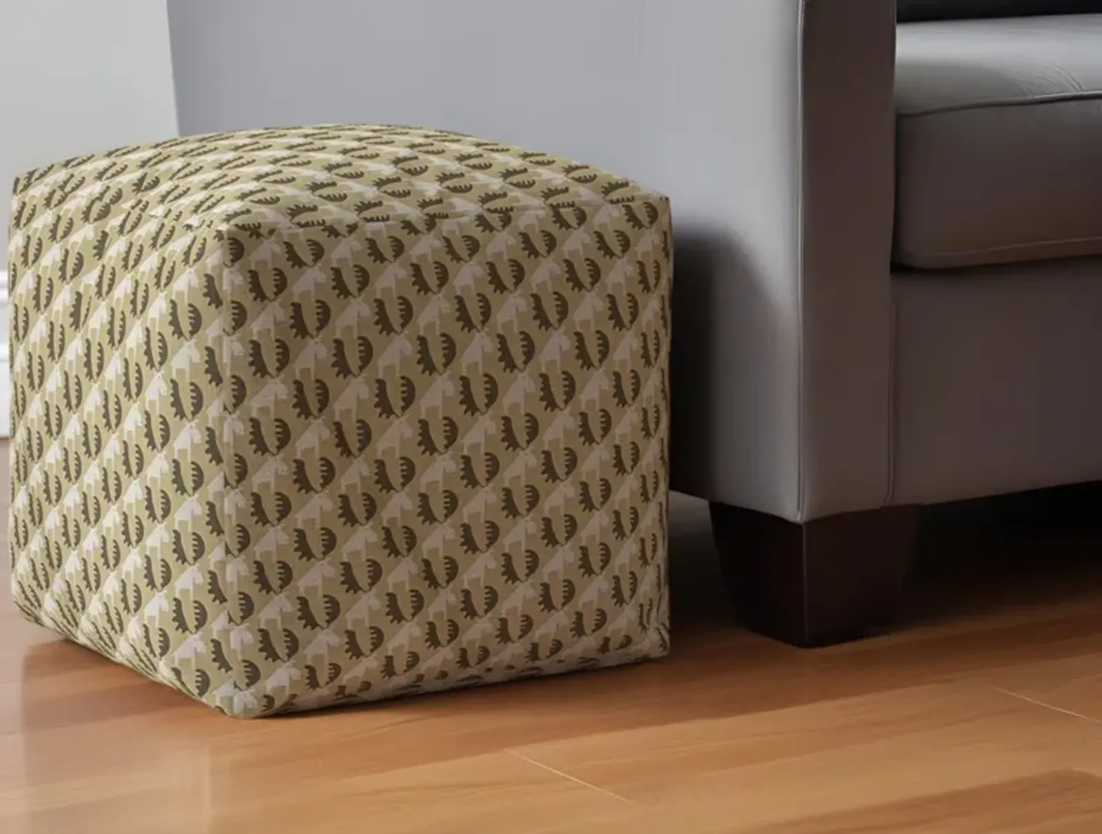 Cotton Animal Print Pouf Ottoman - Beige