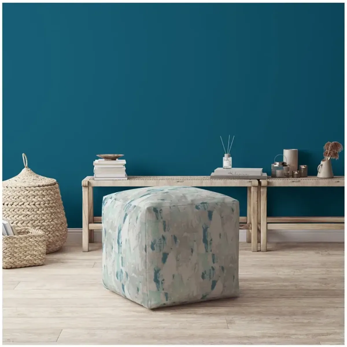 Canvas Abstract Pouf Ottoman - Blue / White