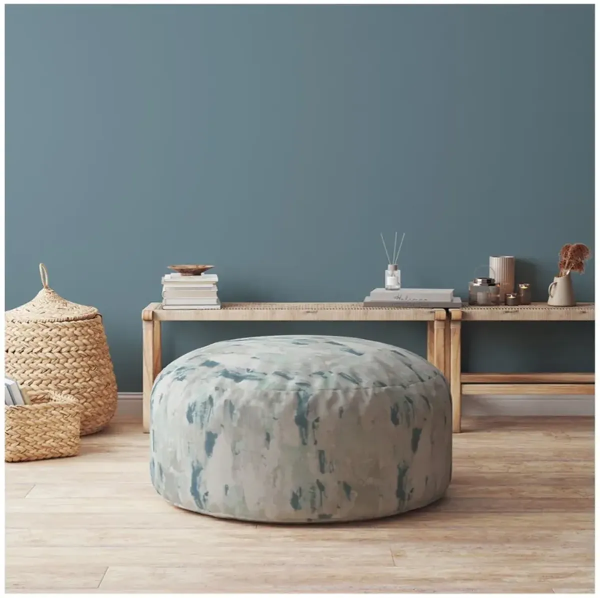 Canvas, Round Abstract Pouf Ottoman - Blue / White