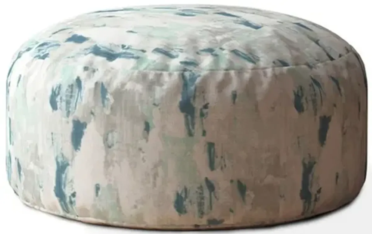 Canvas, Round Abstract Pouf Ottoman - Blue / White