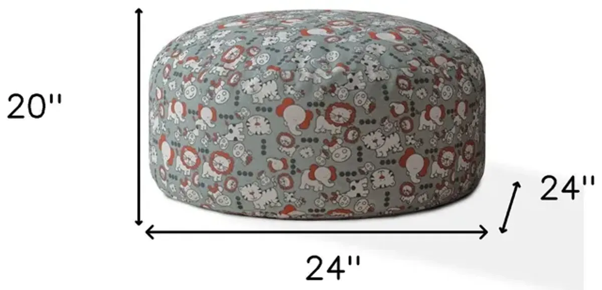 Cotton Round Animal Print Pouf Ottoman - Gray / White