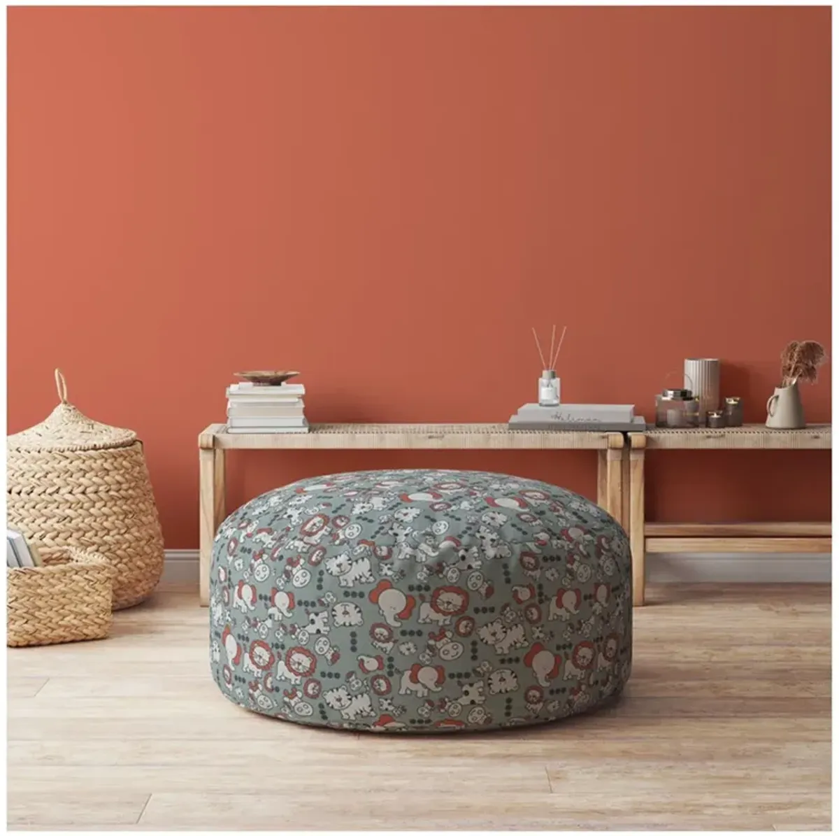 Cotton Round Animal Print Pouf Ottoman - Gray / White