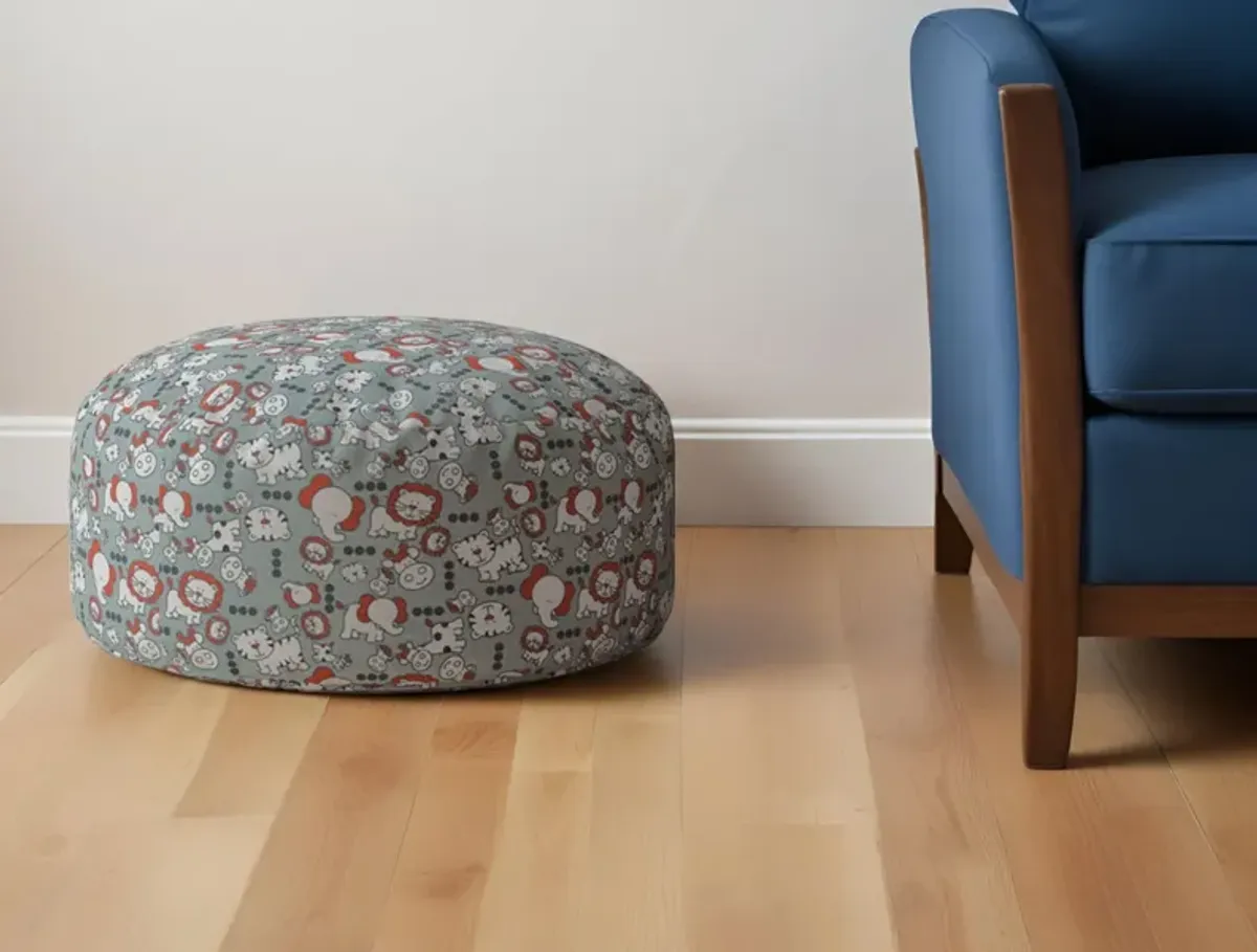 Cotton Round Animal Print Pouf Ottoman - Gray / White