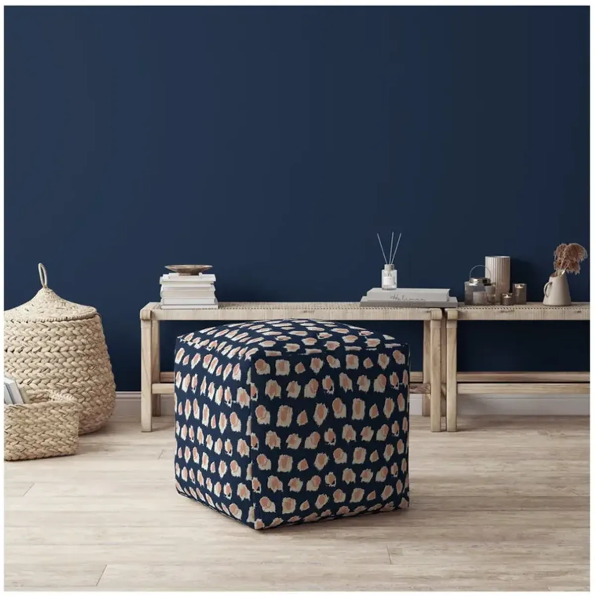 Canvas Abstract Pouf Ottoman - Blue