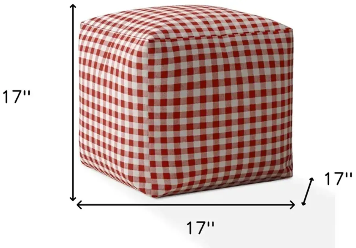 Cotton Gingham Pouf Ottoman - Red / White